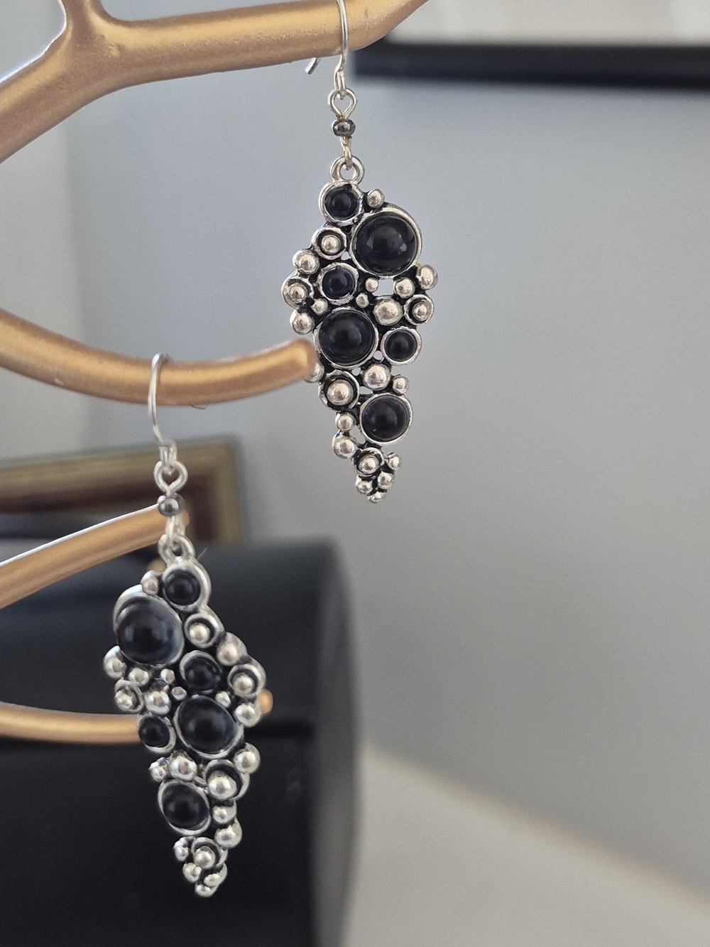 Silver Black Bead Cluster Drop Earrings